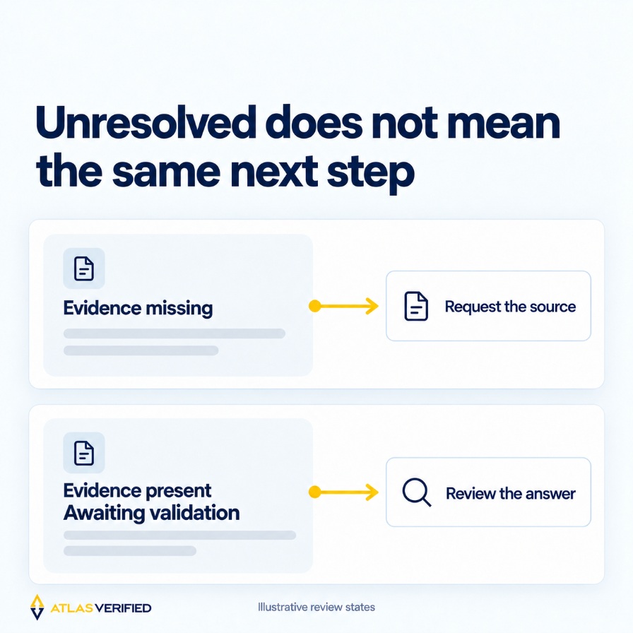 Two independent review paths show missing evidence leading to a source request and evidence present but explicitly awaiting validation leading to answer review, with a neutral document icon.