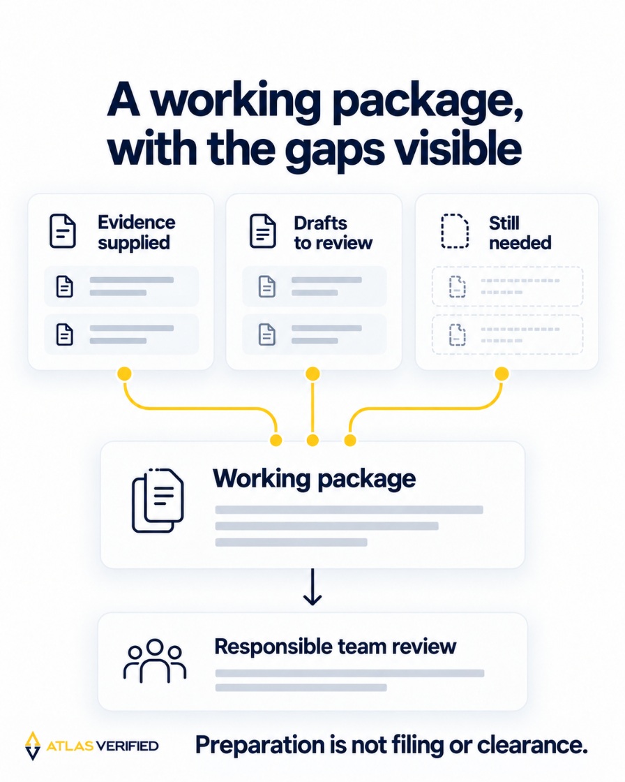 Supplied evidence, drafts to review and still-needed material remain distinct as they form a working package for responsible team review, with a preparation-not-filing boundary.