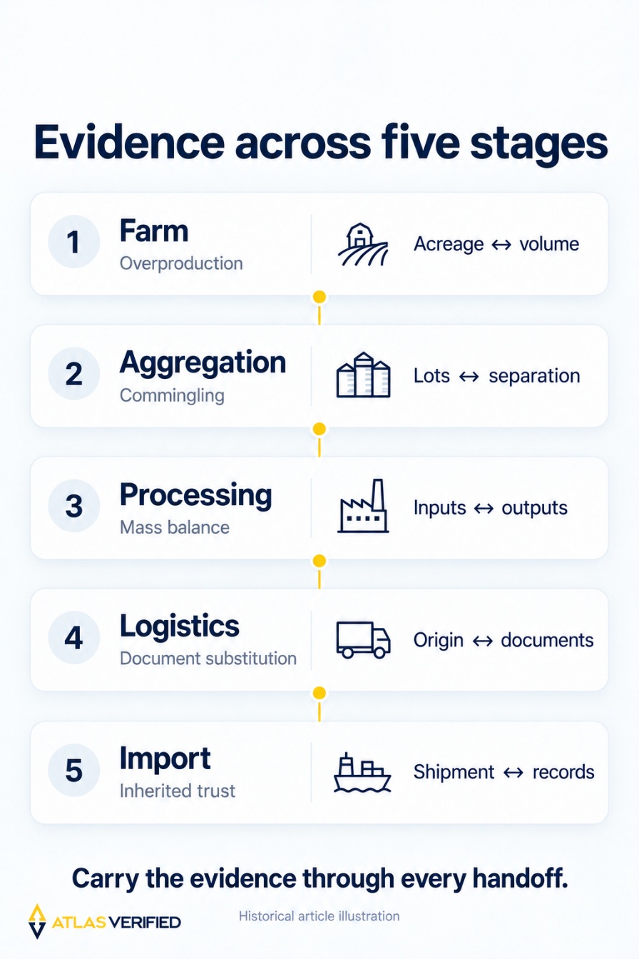 Five vertically connected rows pair Farm, Aggregation, Processing, Logistics and Import with the evidence comparisons discussed in the historical article.