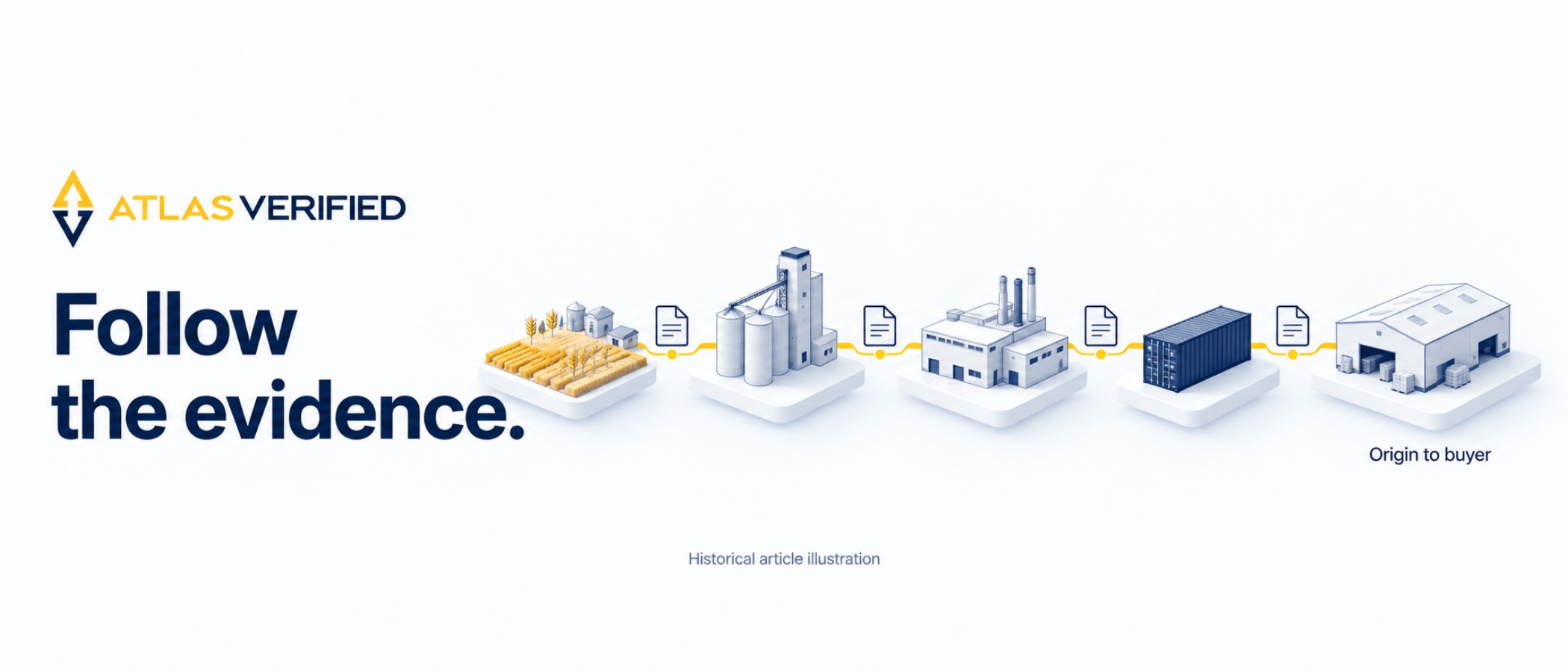 Five porcelain supply-chain objects from farm to warehouse are joined by a yellow evidence thread on a white Atlas canvas.