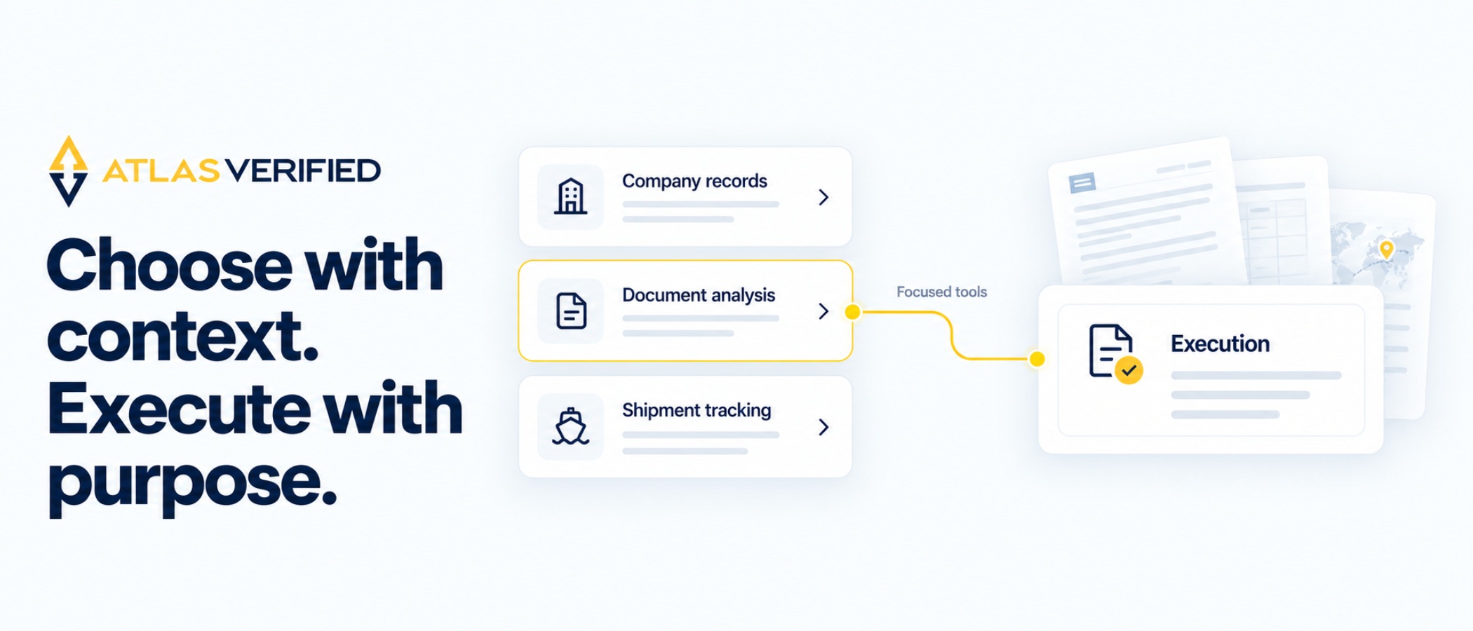 Relevant tools are selected from a restrained tool-card stack before a separate execution card, on a white Atlas editorial canvas.