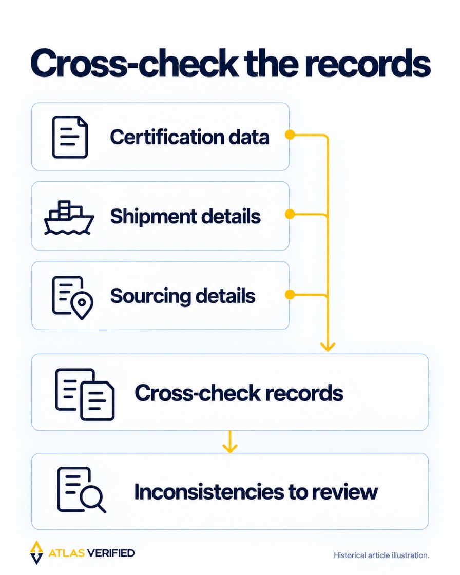 Certification data, shipment details and sourcing details converge on a cross-check, leading to inconsistencies for review.