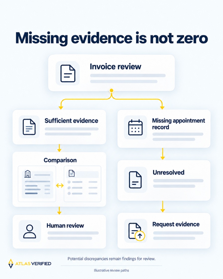 An invoice-review diagram branches into sufficient evidence, comparison and human review, or missing appointment evidence, unresolved status and a request for evidence.