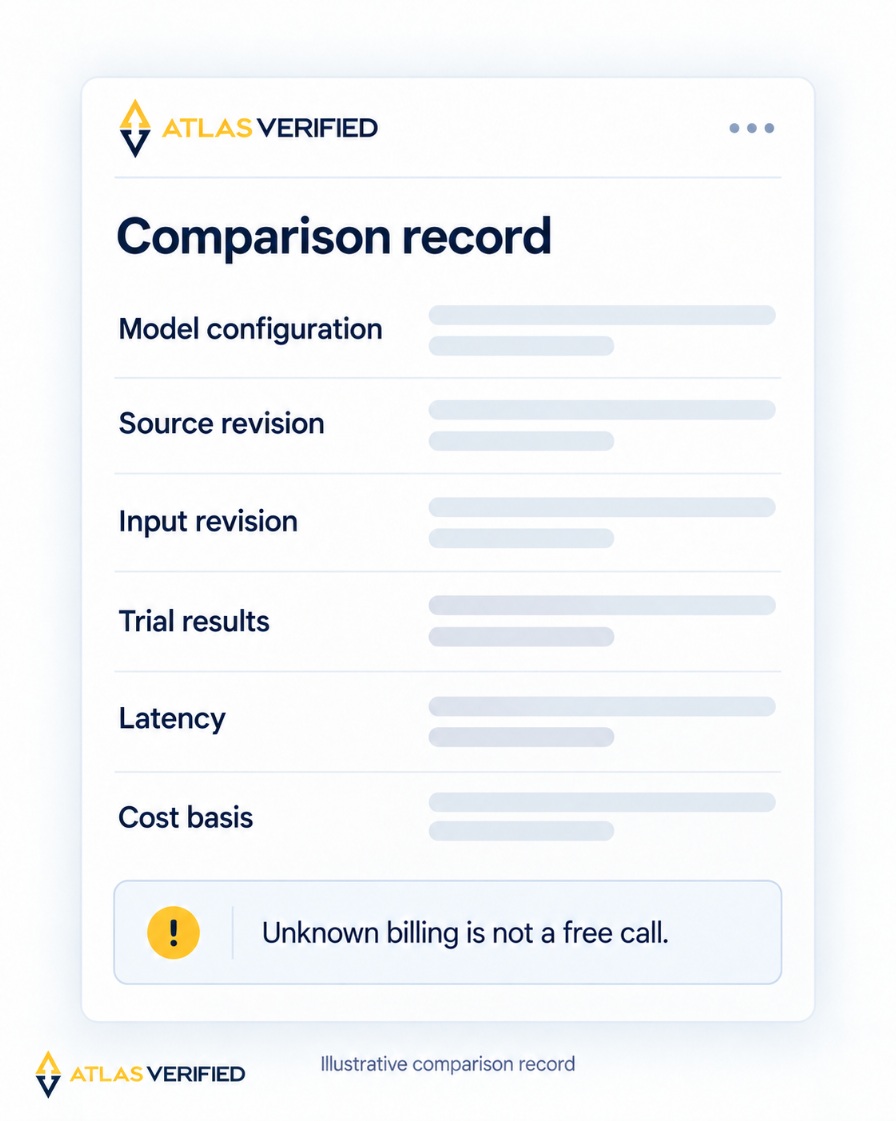 An illustrative comparison record lists model configuration, source and input revisions, trial results, latency and cost basis, with no invented numeric measurements.